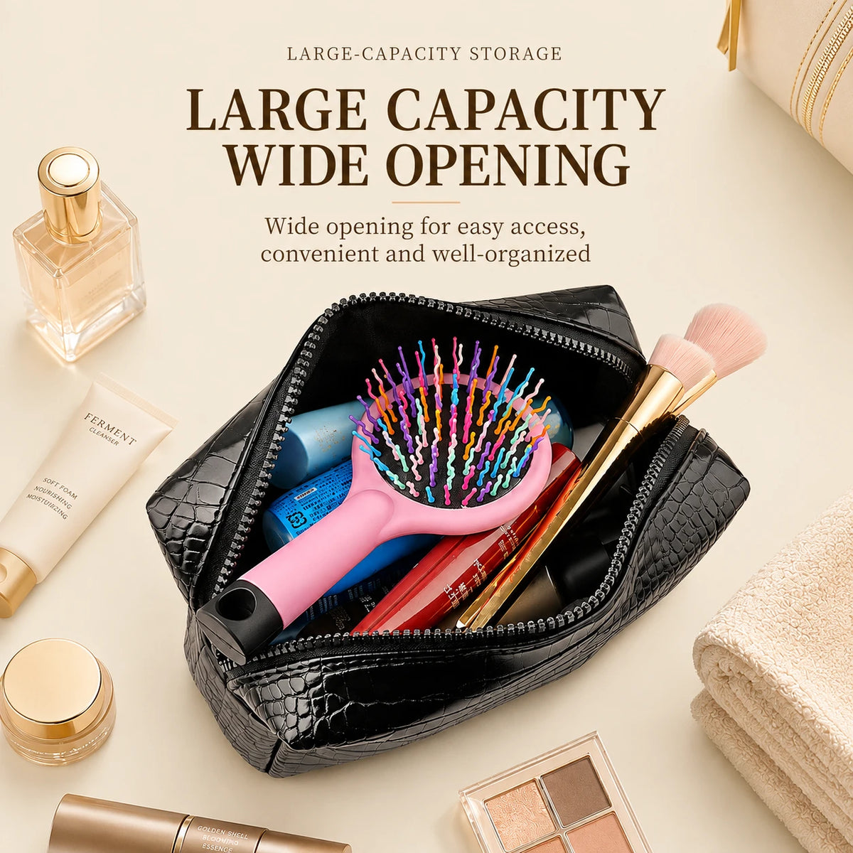 Croc-Embossed Vegan Leather Makeup Bag