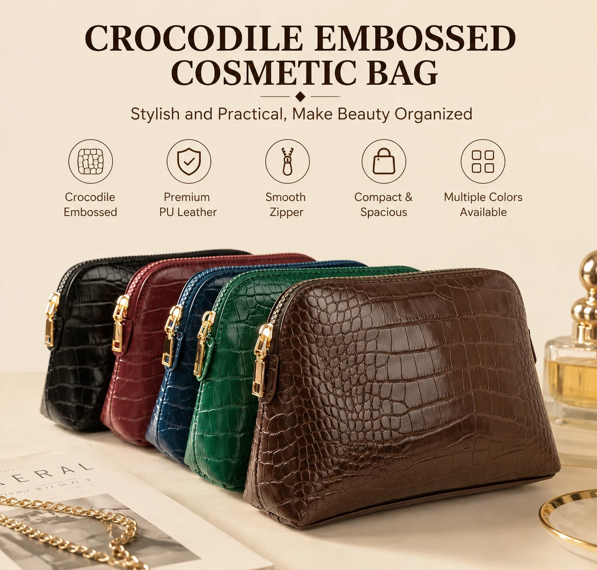 Croc-Embossed Vegan Leather Makeup Bag