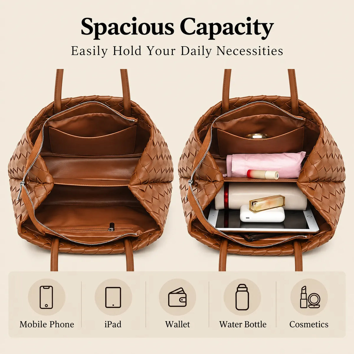 Woven Tote Bag - Spacious Everyday Shoulder Bag