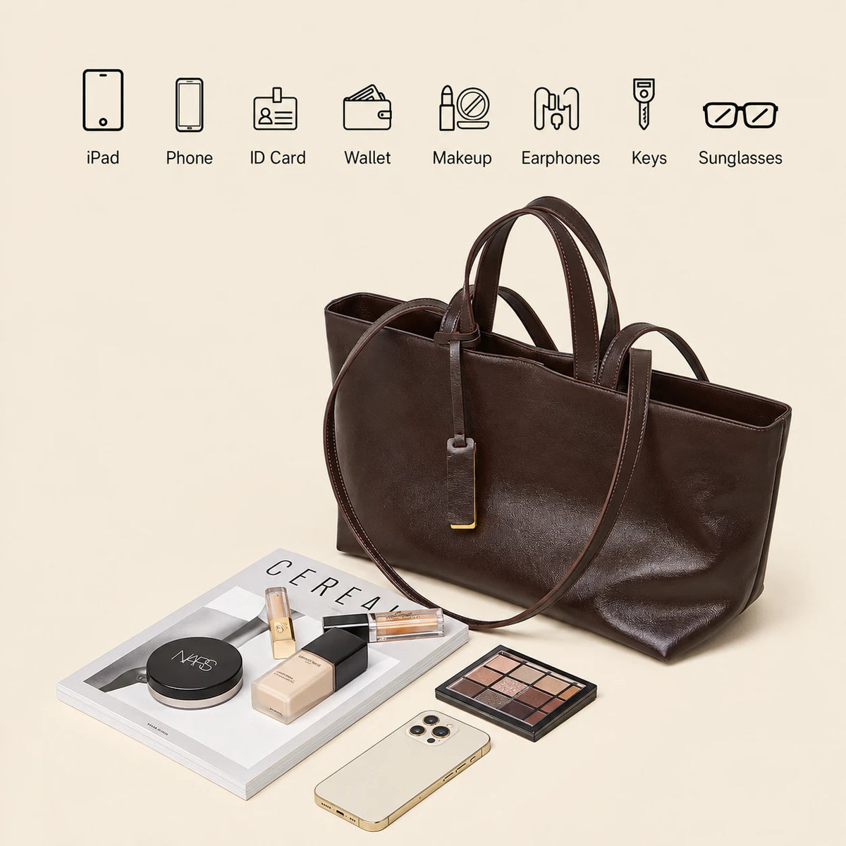 Genuine Leather Multi-Compartment Tote Bag