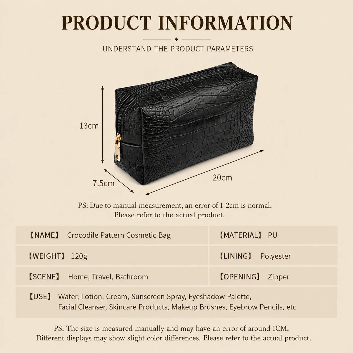 Croc-Embossed Vegan Leather Makeup Bag