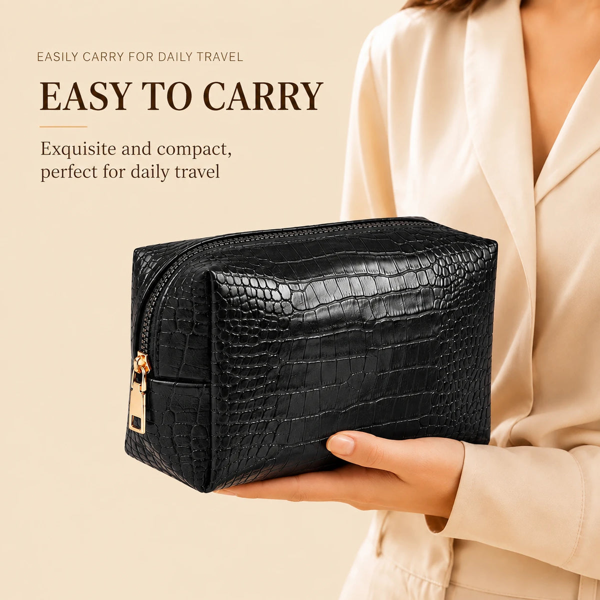 Croc-Embossed Vegan Leather Makeup Bag